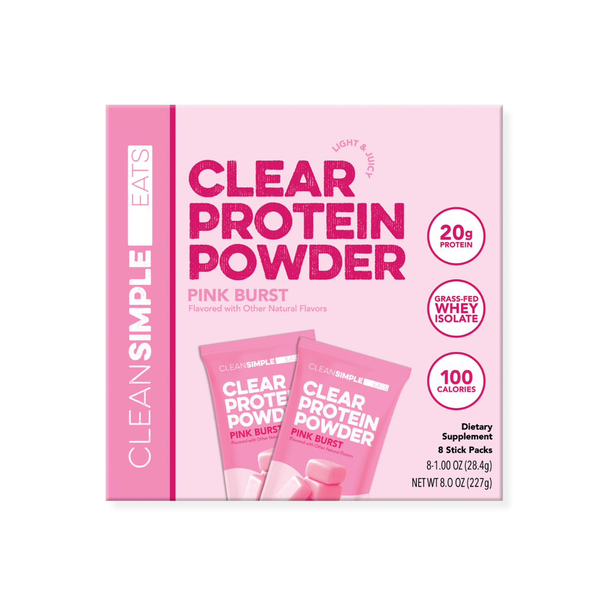 Clear Protein Powder: Pink Burst (8 Single Serving Stick Packs)
